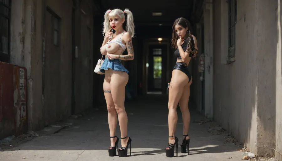 sunlight contrast, parking lot trash, (three prostitutebitches lots tattoos), (((big lips), lipstick finger-licking)), ((rolling big eyes)), (sexual clothing glowing colors), ((platform plateauheels high)), superwaist arching, microskirt xs, necklacestraps, overknee longsocks, ((small handbag)), microbikinitop, ((saggy breast sagging erect nipples oversized)), pigtails bangs whitehair clip, (((pantiepull flashing))), (puffy pussy stroking:1.2), round ass from side, standing slowwalk