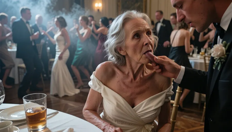 90 years old granny, most wrinkled body, most wrinkled pussy, most wrinkled face
The old man secretly fucks the drunk bridesmaid 90 years old, at the wedding, everyone is dancing, and no one sees it, wears an elegant white dress, looking up, sweaty, disheveled hair, (man looks down to her:1.4), she hides under the table, several drunk party guests dancing in the blurred background, ballroom, shot from above, haze of cigar smoke in the air, filled with dust and smoke, cinematic moody lighting, tense but charismatic atmosphere, crowd, of, people, cloudy, smoke, atmospheric, clouds, fog