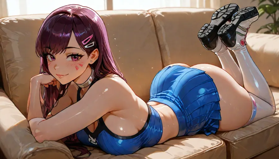 d.va from overwatch 30 year old, pose is prone flat laying on her stomach, thick fuck me boots, (((perfect face with symmetrical eyes))), athletic fit toned body laying down on sofa lounge, sultry joyful action, sultry smile, blue tight halter top, with tight white extremely short miniskirt, long stockings, backlight., Long flowing purple hair with hair clips, (High, Resolution), (More, Details), (8K), volumetric lighting, <lora:MJ52:1>, <lora:outline_xl_kohaku_delta_spv5x:.8>, <lora:attractive_notrigger:1.1>, <lora:detailed_notrigger:1.8>, <lora:LCMTurboMix_Euler_A_fix:.9>