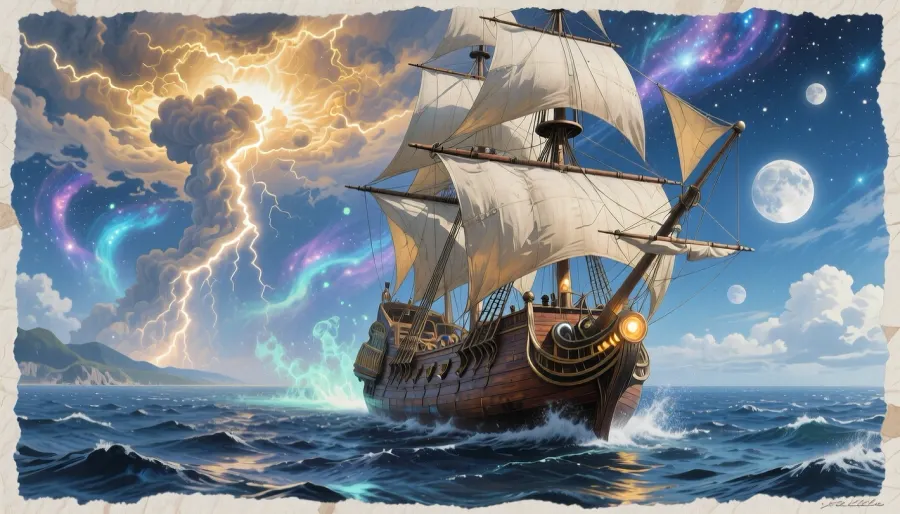 a hyper-realistic digital masterpiece of a colossal, ancient mahogany galleon sailing not through water, but across a deep sapphire ocean of swirling nebulae, relentlessly pursuing a colossal, gold-fringed thunderhead that looms on the horizon like a distant legend. The vessel is stripped of its sails, propelled by glowing ether-engines, cutting through soft, glowing phosphorescent spray. The composition is dominated by a towering, vertical scale, showcasing a sky where multiple moons collide. The lighting is the blinding radiance of a perpetual noon, casting sharp, metallic glints across the weathered planks of the ship, evoking a profound sense of eternal longing., (watercolor), high resolution, intricate details, 4k, wallpaper, concept art, watercolor on textured paper.