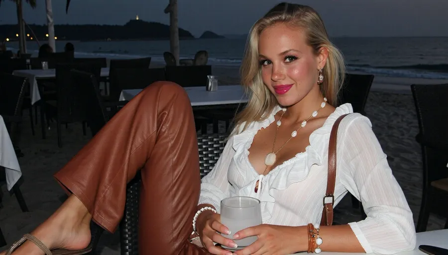 blonde danish girl, 18 years, extreme skinny, tanned skin, ((young face, freckles, intense glossy magenta lipstick, black eyeliner)), flared brown leather pants, white ruffled chiffon blouse, shoulder bag, sandales, sitting in a restaurant, at a beach, in the evening, shell necklace, bracelets, earrings, smiling, ((face, close up)), eating drinking