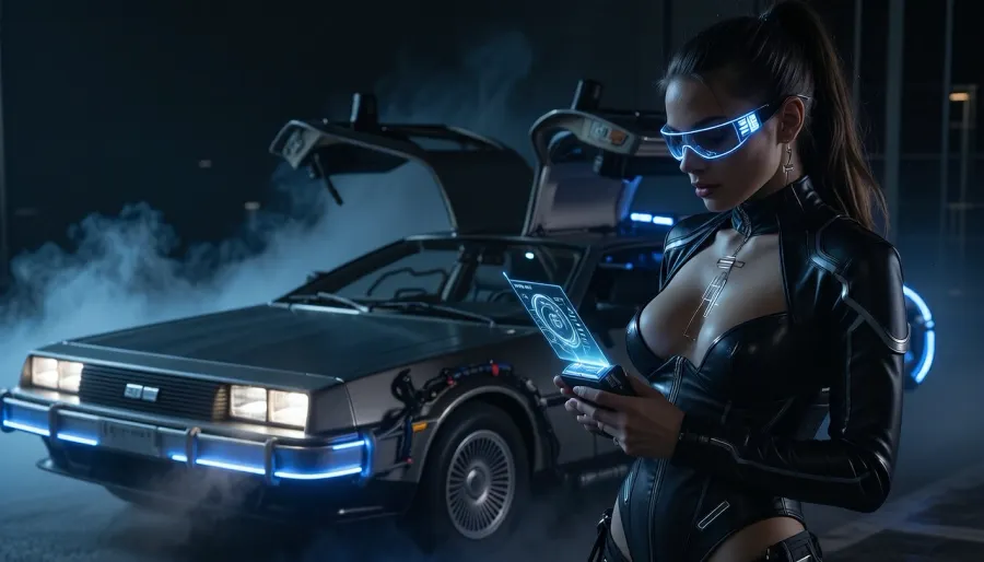 In a shadowy, cinematic night scene, a DeLorean time machine sits parked with its gull-wing doors open, entire DeLorean in frame, soft blue plasma glow and drifting mist around it, in foreground stands A stunning time traveler, wearing sexy sleek, futuristic streetwear, illuminated smart sunglasses with scrolling digital readouts, subtle circuitry jewelry. She checks a handheld temporal scanner, its holographic interface pulsing with light. Moody low-key lighting, deep shadows, rim light outlining her silhouette, volumetric fog, high contrast, 35mm cinematic lens, subtle film grain, ultra-detailed, masterpiece.