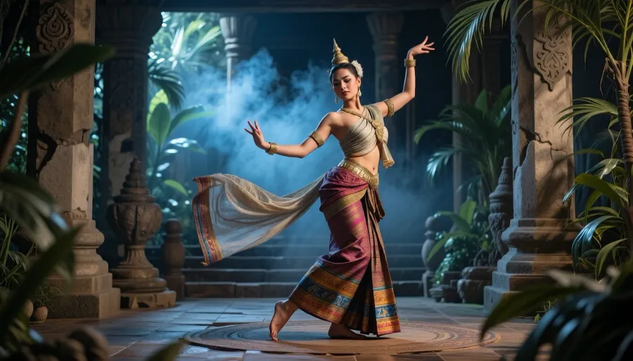 A photorealistic scene set in an ancient Thai temple, featuring a beautiful Thai dancer in traditional attire. The dancer is performing an elegant, graceful dance, her movements fluid and captivating. Her clothing is intricately detailed, with vibrant colors and traditional patterns. The setting is lush and atmospheric, with ancient stone structures, tropical plants, and soft, natural lighting. The dancer’s face and body are depicted with exquisite detail, capturing the elegance and grace of the moment. The scene is designed to be both sensual and highly detailed, focusing on the dancer’s expression, attire, and the ambiance of the temple, (high resolution:1.5), 8k, perfect realistic photo, smoky blues toward the back of the room. Volumetric smoke effects, highly detailed vintage fabrics, soft cinematic depth, Parisian cabaret elegance, 19th-century atmosphere, richly textured environment., (maximum photo quality:1.4), (maximum resolution:1.5)