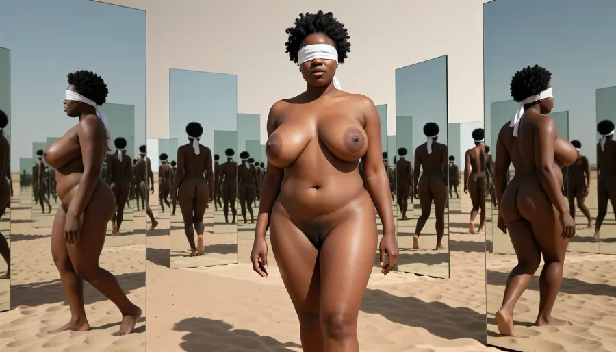 Desert of Mirrors — a blindfolded naked fat African woman, gigantic fat breasts, extremely hairy pussy, walks through an endless desert populated by giant mirrors. Every reflection shows her in different positions while the blindfolded figure herself remains unchanged. Chiaroscuro