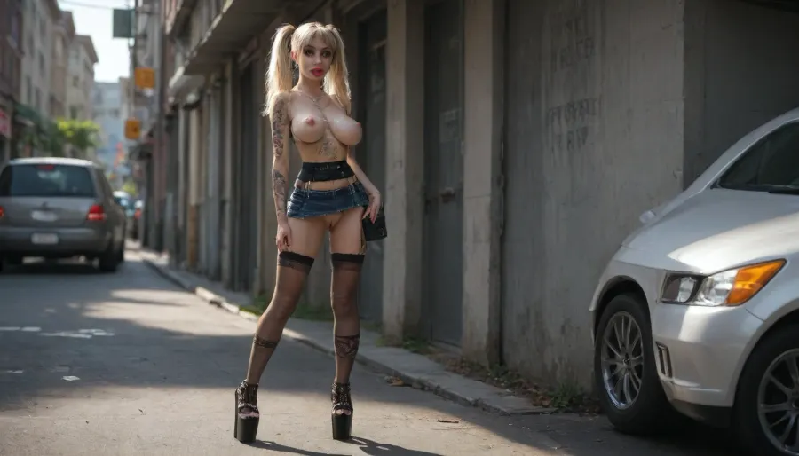 sunlight contrast, parking lot trash, (three prostitutebitches lots tattoos), (((big lips), lipstick falsesmile)), ((rolling big eyes)), (sexual clothing glowing colors), ((platform plateauheels high)), superwaist arching, microskirt xs, necklacestraps, overknee longsocks, ((small handbag)), microbikinitop, ((saggy breast sagging erect nipples oversized)), pigtails bangs whitehair clip, (((pantiepull flashing))), (puffy pussy stroking fingering vulva:1.2), round ass from side, standing slowwalk