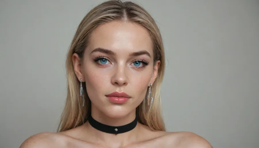 beautiful face, (sharp high cheekbones, sharp wide jawline, pointed chin:1.3), deep-blue eyes, subtle charcoal-gray eyeshadow, sharp thin black tightlining, long black eyelashes, soft medium-thin deep-brown eyebrows
full plump lips, glossy nude-pink lipstick
long straight blonde hair
long triangular crystal earrings, choker