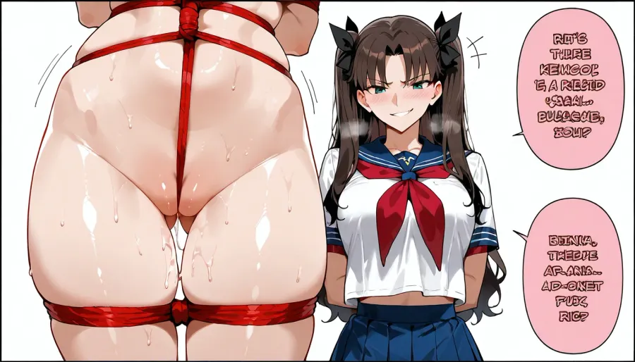 (masterpiece, best quality, manga style), 2girls, artoria_pendragon and a brunette rin_tohsaka from fate/stay_night, rin tied up in a school uniform with ropes, artoria standing behind her holding the ropes, rin blushing heavily, rin with a spiked collar, artoria looking down at rin with a smirk, Japanese manga panel style, text bubbles, white background, explicit, nsfw.