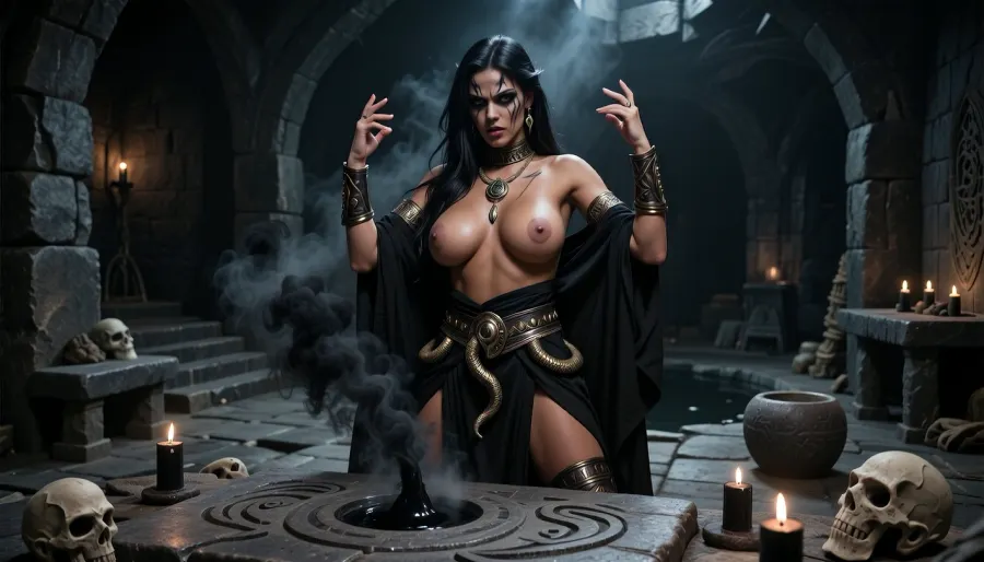 A cinematic, dark fantasy scene depicting a Stygian dark sorcerer from the Hyborian Age, performing a forbidden ritual deep inside an ancient subterranean dungeon. She is a strikingly beautiful woman in her mid-twenties, with long dark hair, intense dark eyes, large natural sagging breasts, and sun-bronzed skin, possessing the dangerous allure of a femme fatale, beautiful in a sinister, corrupted, predatory way rather than innocent or delicate.

Her face show subtle but unmistakable signs of corruption caused by prolonged exposure to forbidden magic, unnatural shadow-like markings around her eyes, while she remains recognizably human and extraordinarily beautiful.

She is topless wearing dark Stygian ritual garments inspired by an ancient decadent desert kingdom, black linen, dark leather, bronze and tarnished gold ornaments, serpent-shaped jewelry, ritual belts, engraved armlets, and pieces of revealing but practical ceremonial clothing. Her appearance should feel ancient, dangerous, aristocratic and sorcerous.

She stands before a massive crudely carved stone altar, conducting a dark ritual. Ancient symbols and serpent motifs have been roughly cut into the altar and surrounding stone floor. Strange black smoke, shadowy magical energy and faint unnatural light rise from the ritual site, illuminating her face from below. Her hands are raised as she manipulates the forbidden magic, her expression focused, confident and quietly malevolent.

The dungeon is primitive, oppressive and brutal in construction, built entirely from enormous roughly hewn dark stone blocks. Walls, pillars, steps, benches, tables, ritual stands and altars are all made from coarse unfinished stone. Nothing should look polished, luxurious or clean. The chamber feels ancient, subterranean and almost prehistoric, as though carved directly into the earth centuries ago.

Sparse black or very dark wax candles burn around the ritual area, their small flames barely penetrating the darkness. Pools of heavy shadow dominate the room. Ancient skulls, weathered ritual objects, crude stone bowls and traces of old sacrifices may be present, but the environment remains restrained and believable rather than cluttered.

Low-key cinematic lighting, deep blacks, warm candlelight mixed with faint sinister magical illumination, dramatic chiaroscuro, volumetric smoke, oppressive atmosphere, gritty realistic textures, weathered stone, realistic anatomy, realistic skin texture, realistic breasts, realistic nipples, detailed breasts, detailed nipples, detailed hands, detailed fingers, detailed eyes, natural proportions, dark mature sword-and-sorcery aesthetic, photorealistic, cinematic realism, highly detailed, brutal ancient fantasy atmosphere.