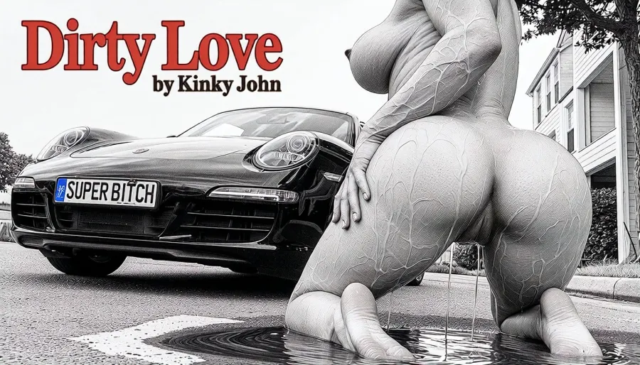 Magazine "Dirty Love by Kinky John" a elegant voluptuous older MILF Latex Domina with gigantic massive breasts, large ariolas, puffy nipples, standing by her black PORSCHE. a license plate, "SUPER BITCH", low angle, POV, (detailed pen and ink sketch:2), squating in a puddle of piss, wet skin, cuckold worship her tits. rear view, massive ass