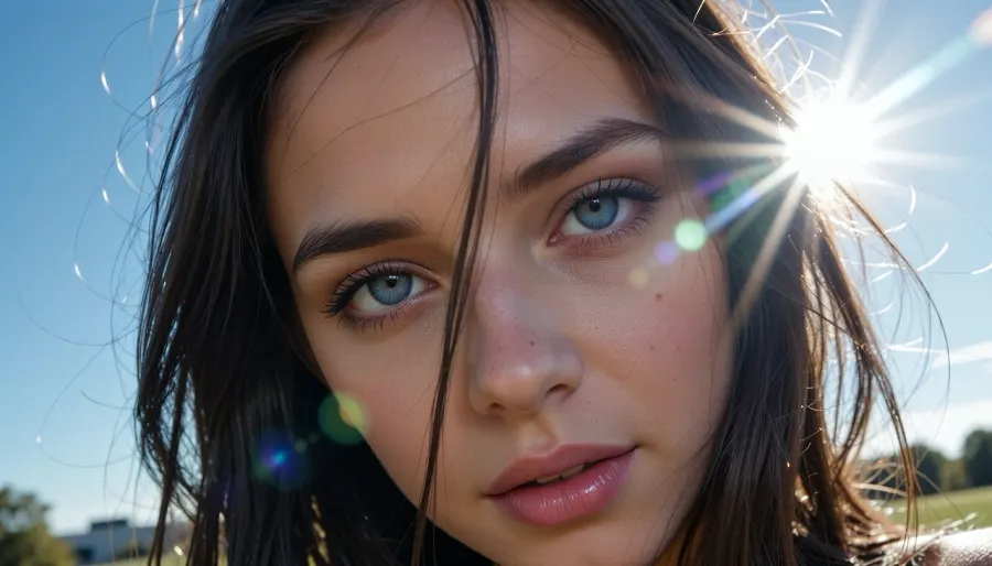 (experimental avant-garde artistic study of light and contrast), (striking low-angle closeup of a 27yo woman's brilliant blue eyes), (surreal scene with intense hair-glow lighting, HDR lighting, light bloom, god rays, lens flare), (stray strands of hair framing her face), (outdoors daylight scene), (cinematic offset framing composition)
