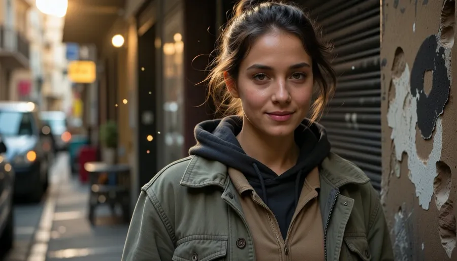 Ultra-realistic cinematic street portrait, exact recreation of the reference composition, an adult woman, 19 years old, positioned slightly right of center in the immediate foreground, framed from approximately mid-torso upward, body angled subtly toward the viewer while her face turns directly toward the lens, relaxed shoulders, calm confident posture, gentle closed-mouth smile, soft warm expression, direct eye contact, delicate natural facial structure, softly defined cheekbones, straight narrow nose, natural lips, slightly tired but luminous eyes, realistic asymmetry and subtle skin imperfections, medium olive-beige complexion with visible pores, fine facial texture and faint natural under-eye detail, dark brown hair loosely tied into a messy low bun, several fine strands falling naturally around her forehead, temples and cheeks, slightly windswept texture, layered worn street clothing, faded olive-gray oversized jacket with visible stitching, seams, creases and subtle stains, dark charcoal hooded sweatshirt beneath it, muted taupe shirt underneath, realistic layered collars and fabric thickness, narrow urban alleyway receding behind her toward the left, weathered wall immediately beside her on the right with peeling paint, rough plaster, graffiti traces and dark irregular patches, closed dark metal roller shutter behind her shoulder, heavily blurred background with indistinct parked vehicles, street furniture and storefront elements, warm golden-hour sunlight entering from behind and above, strong amber rim light tracing her hair and right shoulder, soft natural frontal fill on her face, glowing backlit stray hairs, tiny illuminated dust particles suspended in the air, shallow depth of field, creamy circular bokeh, 50 mm full-frame photographic look, approximately f/1.8, eye-level viewpoint, extremely sharp focus on eyes and facial skin, background strongly defocused, warm cinematic color grading, muted olive, brown and charcoal palette, soft highlight roll-off, realistic dynamic range, subtle film grain, restrained microcontrast, natural optical imperfections, documentary authenticity, photorealistic skin, fabric and masonry textures, natural facial proportions, highly detailed professional editorial photography
