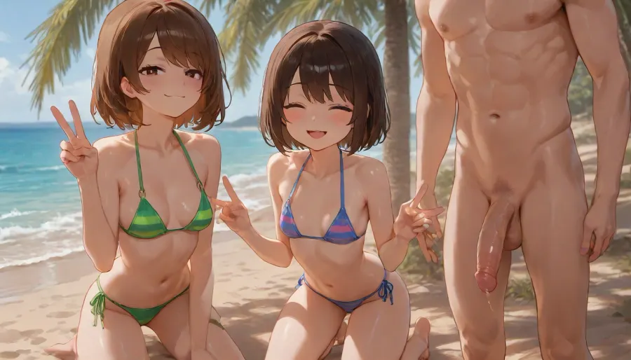 Chara from undertale, 20 years old, Chara is wearing small sexy bikini, (her bikini is coloured in neon green colour with single horizontal cream stripe), Chara has cream skin, brown medium-length hair with side-swept bangs, and rosy cheeks, (black eyes), (red round pupils), Smile, Demonic smile, small body, flat boobs, small ass, Frisk from undertale, ((Frisk's face stoic expression)), (Friks's eyes), ((Frisk closed eyes)), Frisk is wearing small sexy bikini, (her bikini is coloured in light blue colour with two magenta stripes), (Frisk's bare feet), beach, (beatiful sundawn), Frisk and Chara are kneeling down, Frisk and Chara are near eachother, Completely nude male anon, (Shaved penis), (male anon Face is not visible in the frame), (this male anon have abs), male anon is standing in the centre, (Male anon is standing between Frisk and Chara), Frisk and Chara are showing peace signs with their hands, masterpiece, professional image, very detailed image, 4K image