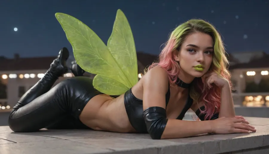 lean, v-abs, (long wavy lime colored hair:1.3), (glimming pink colored eyes:1.3), (dark green colored lips:1.3), sunkiss tan skin, large etheral transluscent butterfly wings, skimpy leather catsuit, rooftop party, night, stars, laying sideway, solo