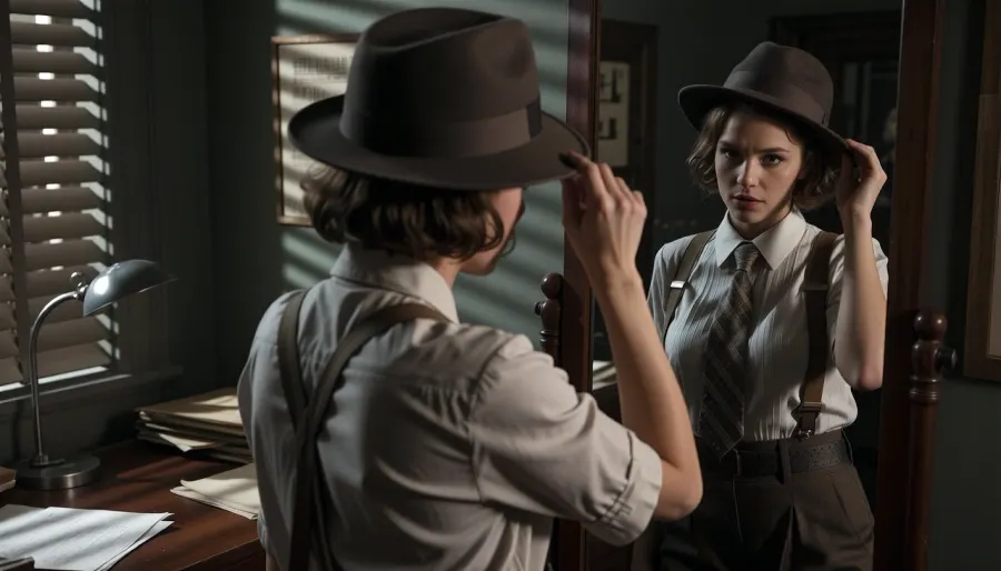 A cinematic, photorealistic noir-inspired scene of a stylish female private detective in a 1940s office, trying on a fedora in front of a mirror. She is in her late twenties, intelligent and self-possessed, wearing a fitted shirt with suspenders and period-inspired detective styling. She tilts the fedora slightly with one hand and studies herself with a cool, questioning expression, as if asking whether the hat works for her. Venetian blind shadows fall across the room from a nearby window, creating classic noir lighting. The office contains a wooden desk, papers, a desk lamp, and a slightly worn atmosphere. The mirror and hat are both be clearly important to the composition. The mood is cinematic, stylish, dryly humorous, and strongly character-driven. Realistic anatomy, realistic detailed hands, realistic detailed eyes, period-correct wardrobe, moody noir lighting, believable fedora, high detail.