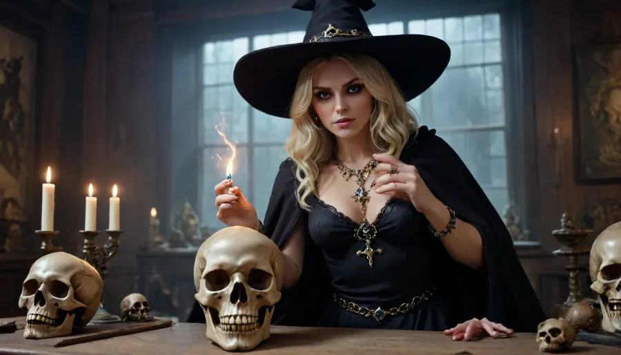 Wizard School, the witch with hat, ((sexy witch outfit:1)), lots of skin showing, black cape, blonde hair, jewelry, Necklace, Rings, on display skull, zcaster, <lora:Spellcaster_v4:1>