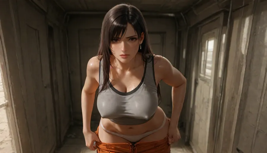 high quality, photorealistic, in messy old spaceship, electronic s-f devices, woman, tifa lockhart, dirty, sweating, (black long hair), freckles, slim, (orange cargo pants), (grey tank top), (big erect nipples), undressing, white panties, (pulling down pants), (looking at viewer)