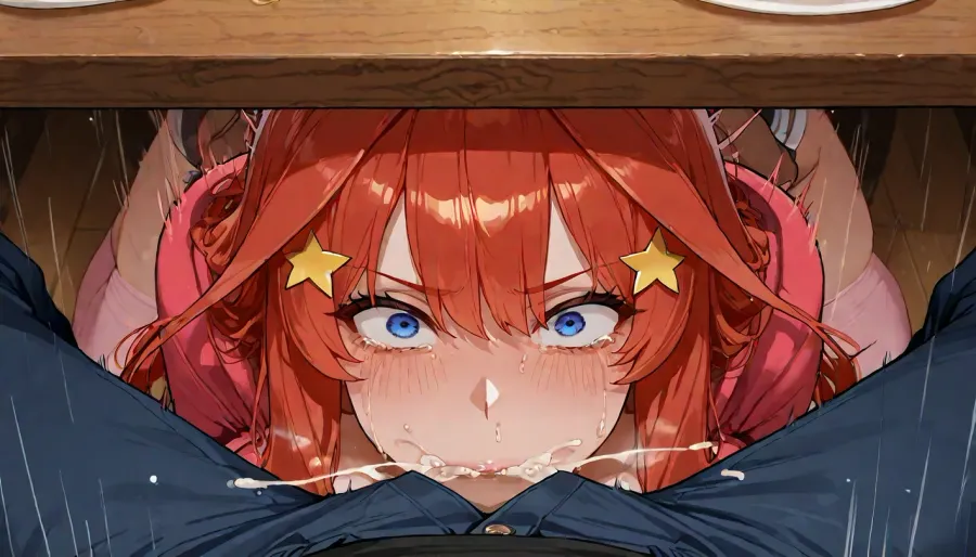 dark anime Style, Nakano Itsuki from quintessential quintuplets, unrealistically huge breasts hoodie, shorts, pink thighhighs, restaurant, under table, unbuttoned pants, fellatio, motion lines, mouth drool, male pov, hand on another's head, forced against their will deep throat, surprised, cumshot in mouth, crazy eyes, being raped, screaming, crying, extreme pain, detailed face, <lora:detailed_notrigger:2>, <lora:add-detail-xl:1.2>, <lora:attractive_notrigger:1.2>, <lora:LCMTurboMix_Euler_A_fix:1.2>
