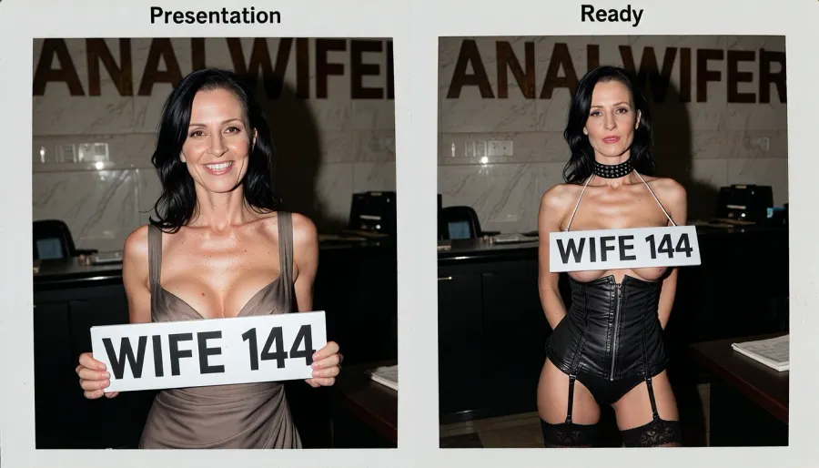 polaroid photo, side-by-side two pictures of the same standing mature french 58yo woman, same face in both pictures, very sagging skin, (full same body in both pictures), black dyed hair, realistic mature skin, woman, first picture smiling and wearing a sexy everyday dress, in the second picture she is wearing sexy lingerie, corset, pants, bra, stockings, high heels, thick bdsm collar. natural face, In the first picture she is standing and is holding with two hands a sign that says "WIFE 144".In the second picture she has hung a sign in her neck that says "WIFE 144" and she has her hands back.Please make an extreme contrast from first picture to second picture. the woman has to be the same woman on both pictures. Background is exactly de same for both pictures, a company chief big office with the word "ANALWIFER" graved on the wall. Her body in both pictures is exactly the same size and form.
A caption on the top is written on the first picture 'Presentation'.
A caption on the top is written on the first picture 'Ready'.
Hard, direct, pop-up style frontal camera flash lighting, creating extreme high contrast between brightly lit foreground subjects and a deeply shadowed, dark background. The skin has a distinct glistening, sweaty-look sheen. Rapid fall-off of light into chaos and darkness in the distance. Retro flash color rendering with harsh highlights and potential red-eye effect.