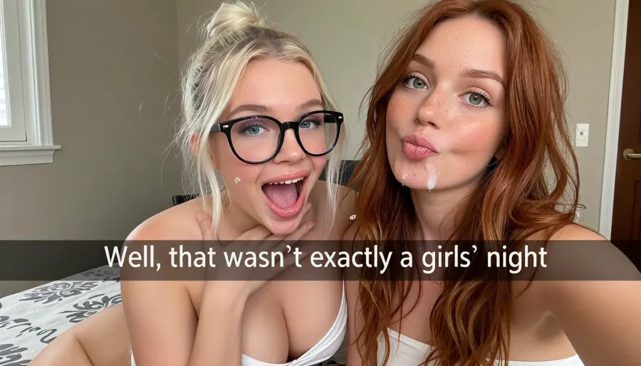 (selfie photo. Two woman in photo.

- left:19), year old bimbo platinum blonde, (hair bun), (cute), huge bright blue eyes, hands on thighs, glasses on, lot's of cum on face and glasses, (1, 5 cum, cum on glasses), white top, (big cleavage), suprised and happy.

- right, adorable 20 year old ginger with long wavy messy hair, cum on face, freckles, huge green eyes, duck face, taking selfie.

Bedroom, daytime, amateur photo, ((snapchat caption)), full width caption over a dark bar reads, Well, that wasn’t exactly a girls’ night