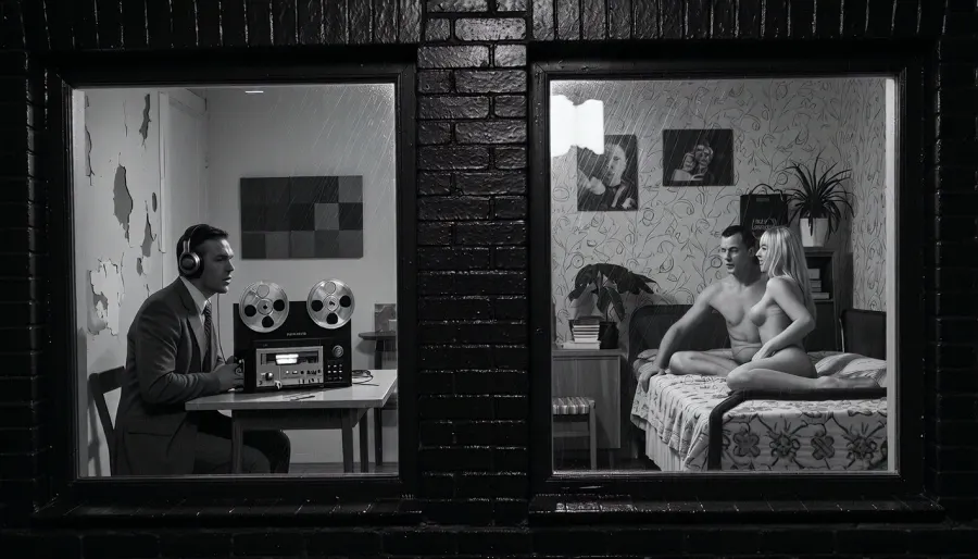 Late 1970s German Democratic Republic, historically accurate monochrome documentary night photography, museum-quality archival realism in dramatic East German social documentary style, an ultra-photorealistic black-and-white image with exceptional greyscale tonal range, deep blacks, luminous highlights, rich analog film grain, subtle grain, view from outside on a rainy night, a dark wet brick facade with glistening reflections, two windows close together. Each filling enough of the frame so that face and subtle expressions are readable. Left window, a peeling, sparsely furnished room with worn walls, acoustic panels implied, a man in DDR suit sits at a simple table with a professional black reel-to-reel tape recorder with two prominent aluminum reels, illuminated VU meters, toggle switches, analog controls, and visible electronics, wearing large over-ear headphones, he hears music, posture tense and focused, face showing subtle Concentration, brows drawn, jaw set, right window a modest DDR bedroom with simple bed thin blankets, practical furniture, bedroom with patterned wallpaper, decorative accessories, family photographs, books, a healthy potted plant, muted fabrics, an detailed adult nude couple has sex on the bed, Faces and bodies visible and highly detailed rendering, joyful sex from behind, German man, 42 years old, and his beautiful blonde wife, 35 years old, Rain-slick window glass with faint interior reflections, high resolution faces and textures despite the low light, respectful, tense atmosphere, no modern objects.