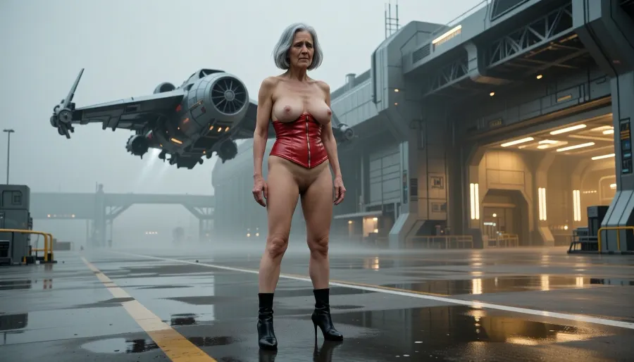A full-body view at a distance of 4 meters, from head to toe. An elderly, sad, mad, innocent, topless, cheerful grandmother, (an aged woman, 70 years old:1.8), . Her skin is that of a 70-year-old woman. The old lady has grey hair, (Small, long, and very flat, saggy breasts:1.8), ((very detailed skin)), . Hair cut in a bob, with black high heels. A red leather corset reveals her breasts and vagina. Cinematic wide view of a TIE fighter spaceship hovering above a sleek, modern airport tarmac, futuristic hangar architecture in the background with glowing golden interior lights, wet reflective ground with realistic puddles, hazy and misty atmosphere, high-tech aesthetic, Star Wars style, hyper-realistic, 8k resolution, industrial design, metallic surfaces, sharp focus, volumetric lighting, photorealistic, intricate mechanical details, cinematic composition.