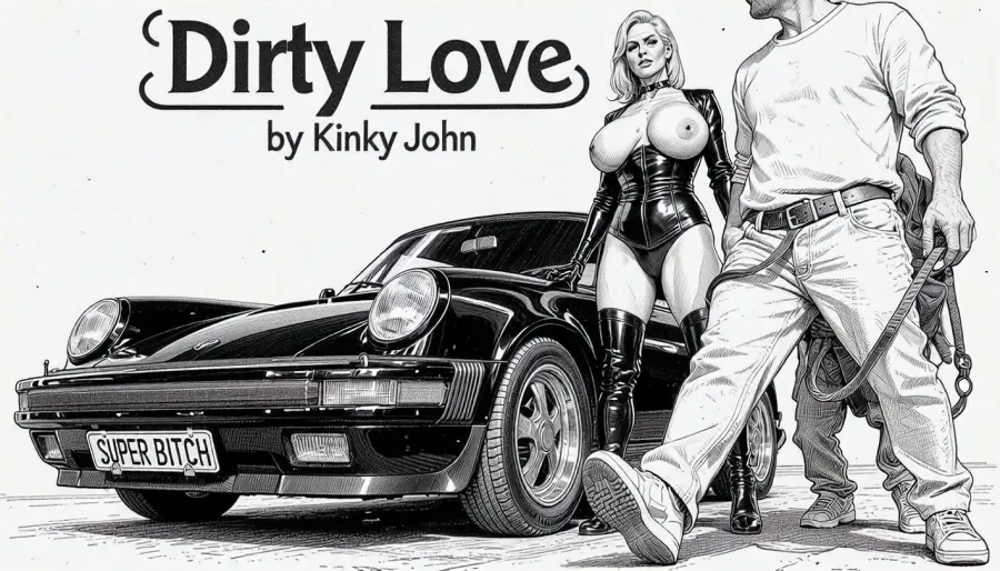 "Dirty Love by Kinky John" a elegant voluptuous older MILF Latex Domina with gigantic massive breasts, large ariolas, puffy nipples, standing by her black PORSCHE. a license plate, "SUPER BITCH" A old cuckold lead on the leach, on all four, follows her, on all four. low angle, POV, (detailed pen and ink sketch:2)