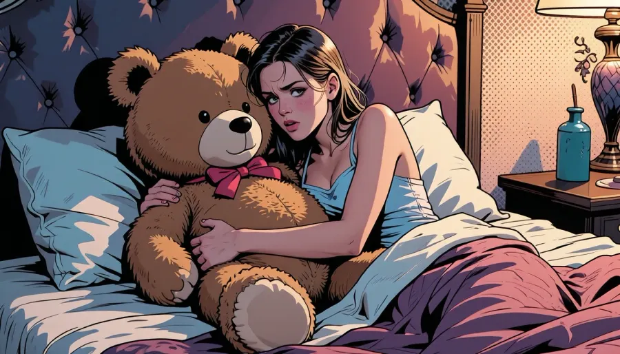 comic book style, A professional illustration combining traditional artistic principles with digital tools. The image features Young woman on bed with big teddy bear as the central subject. The lighting is the lighting is carefully crafted to enhance the emotional impact of the scene. Leading lines and strategic placement draw the viewer's attention to the focal point. The color palette features harmonious color palette with carefully chosen complementary and analogous colors. Background elements are carefully designed to support the main subject. The textures are varied surface treatments create visual interest and depth. The image captures a moment of intense drama and emotion. Subtle details in the background add richness and depth. The artwork is a testament to the artist's skill and creative vision., graphic illustration, comic art, graphic novel art, vibrant, highly detailed, ink outlines, halftone shading in the background