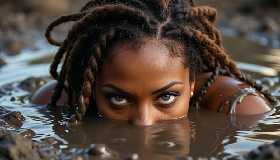 Hyper-realistic, high-resolution photograph of a mature, beautiful, curvy African woman with brown thick dreadlocks emerging from a thick, viscous mud pool. She is submerged up to her eyes, with only the top of her head and her intense, staring eyes visible above the muddy surface, mimicking the stealthy posture of a lurking crocodile. The mud is dark brown and textured, clinging to her whole visible skin. Dramatic lighting highlights the wet mud covering her scalp, skim and forehead and the piercing gaze of her gray-green eyes. Shallow depth of field focuses sharply on her eyes, blurring the background. Cinematic composition, 8k, highly detailed, raw photo style.