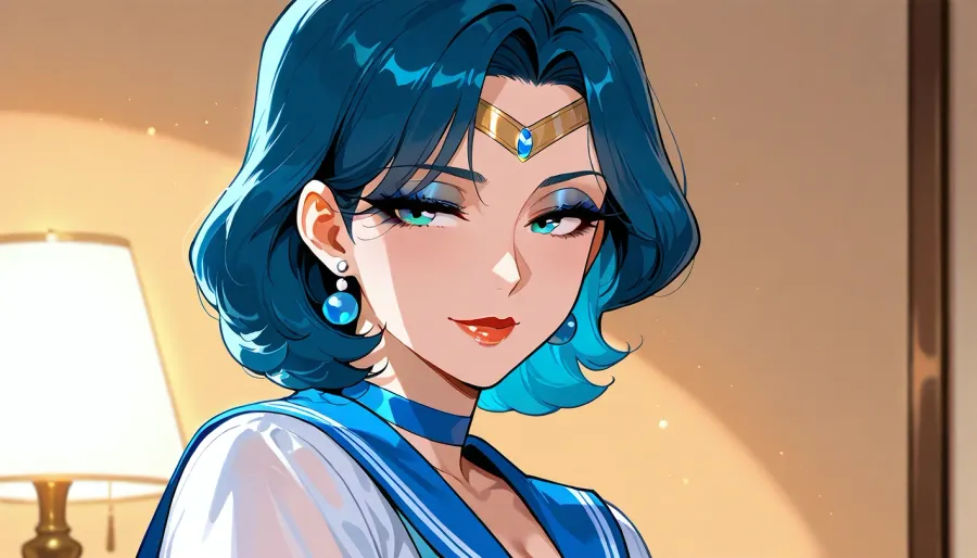 sailor mercury as horny mature milf, blue hair, much warm bright light, smokey eyeshadow, highest quality, super detailed images, high resolution