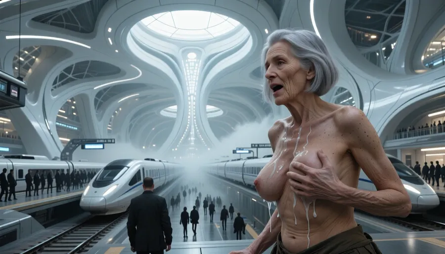 An overview from a distance of 4 meters. A man and A mature woman, 90 years old, 1.8. She has the skin of a 90-year-old woman. The old woman has gray hair cut in a bob. She has the skin of a 90-year-old woman. Change the face in every new picture., (small, long, very saggy tits:1.8), ((highly detailed skin)), insanely detailed, highest quality, high quality, detailed skin texture, an old, wrinkled body with sagging skin, sagging breasts, Massive cum starts to drip as she moves up and down. She starts rubbing her tits. She has a massive orgasm and slaps her butt.
futuristic train station, interior view of a massive sci-fi megastructure, high-ceilinged cavernous hall with organic flowing architecture, white and metallic aesthetic, glowing circular skylights, dramatic shafts of natural light, multiple train tracks with streamlined high-speed trains, silhouetted crowds of people on platforms, grand scale, cinematic lighting, hyper-realistic, intricate architectural details, sharp focus, volumetric fog, concept art style, masterpiece, 8k resolution, trending on ArtStation, ray tracing.
