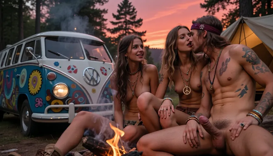 Masterpiece, highest quality, extremely detailed, high resolution. Low-angle telephoto shot from the front of a group of young people sitting around a campfire—three women and one man with a flaccid penis, exuberant atmosphere, gazing lovingly at one another, body paint, smoke, deep in the forest, 1970s hippies, long hair, free love, naked, wearing necklaces, bracelets, and rings, peace symbol, reddish sunset mood, sun not visible, in the background, a VW Bus Type 1 colorfully painted with various motifs and a tent, full-body shot.