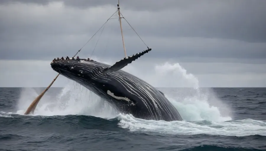 (UHD), Decades have passed since the whaler Essex sank in the Pacific, and the thirst for revenge and the promise to kill the giant, .1.3, whale called the mubydik that severed his leg a few years earlier are about to be fulfilled. A Norwegian whaler, with a harpooner with a wooden leg, fatigued by the great waves of the sea, pursues a giant whale called the movy dik. The storm rages, and the Norwegian ship is equipped with a large harpoon on the bow, along with a sailor with a wooden leg ready to fire the harpoon at the giant whale. The whaling ship pursues a 25-meter-long sperm whale in the midst of the storm. In front of the whaler, a large whale almost grazes the bow, passing through a giant wave. View from the helm, harpooner on the bow. The whale is gigantic, the sea and waves are churning. The man fires his harpoon. You can see the enormous size of the giant whale in front of the boat, escaping. The image quality is spectacular. The details in the sunset light make the whale's body and skin absolutely perfect.
