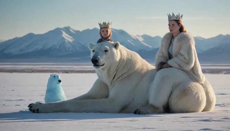 proud queen splendidly dressed sits on an ice bear in the icy desert and overlooks her icy land