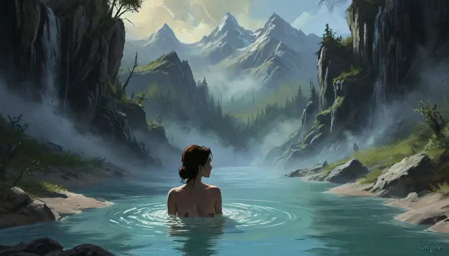one woman, 30 year old, naked, sexy pose, hands behind head, bathing in hot springs sulfur green water, (sunny daytime, medieval wilderness, flat terrain, lowlands, skyrim eastmarch, post volcanic tundra area), very close view, (artwork, digital painting, fantasy art, loading screen art style), ais-sinisterz, <lora:SDXLSamDoesArts:.1>, <lora:J_cartoon:.1>, <lora:EnvyAnimeDigitalPaintingXL01:.1>, <lora:Sinister_Style_SDXL:.1>