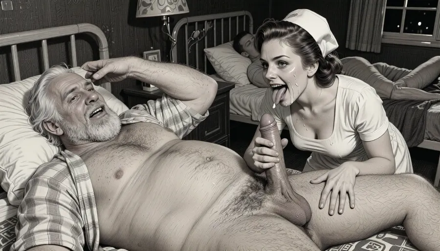 This is a detailed, monochrome pencil drawing in a classic illustration style, depicting a scene in the USSR during the 1950s, In a darkened hospital room at night, an obese, ugly, hairy, and bearded older white man in hospital pajamas lies in bed. A lustful, mocking smile plays across his ugly face, other patients are asleep in the same room. His penis protrudes from his hospital pajamas, and his hairy testicles are visible. A beautiful Russian woman with elegant brown hair and a curvy figure—featuring and wearing a nurse's dress and cap, she stands beside him, her tongue stuck far out, (((her face smeared with semen))), semen in her hair, semen on her clothing, her eyes and mouth are wide open, and her expression is intensely aroused. She holds his penis in her hand, leans down, and performs an intense blowjob, (deep-throating him), while his hand rests on her head. Side lighting creates a moody, sexual atmosphere. The overall mood is intense, the drawing is distinguished by fine, expressive linework and subtle shading reminiscent of the style of satirical or moralizing illustrations from the 1950s.
