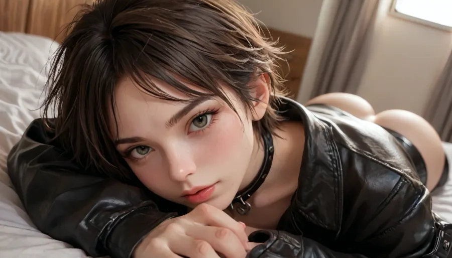 pov sharp focus, loose closeup, view from above, view from behind, looking at viewer, ((cute face)), lusty, tomboy face, 2b, oversized leather jacket, collar, latex stockings, black gloves, sunglasses, bedroom, dynamic angle, closeup, Laying down, lying on back, on viewer chest, finger on lips, woman, <lora:SDXLlora13ErFut:.8>, arms at Viewer, convulsion, orgasm, <lora:LCMTurboMix_Euler_A_fix:.8>