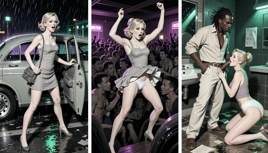 This is is a detailed monochromatic pencil drawing in a classical illustrative style depicts a scene set in 1960s, chaotic nightclub night. Same young woman in all panels, 18 yo, identical face and body, elegant blonde ponystyle hairstyle, sundress, shoes, handbag as recurring object. Left panel, night rain, open taxi door, wet asphalt reflecting green and purple lights, she looks alive and excited, spontaneous start of the night, Center panel, Exactly the same woman, deep inside a dark, crowded club, mosh pit-like energy, tightly packed bodies, almost no free space, she is not posing or isolated, torso leaning forward into the rhythm, arms thrown high in wild motion, head moving, the hem of the sundress is pulled up showing white panties.Right panel, nightclub bathroom, dark greenish light, scattered paper, wet floor, dirty sink, She's on her knee and licks the cock of Caribbean man, The same sundress rumpled, hem of the sundress is pulled up above the waist, without panties, bare legs and butt, a attractive Caribbean man with a penis, 28 years old, long dreadlocks, dark skin, broad shoulders, light beige open linen shirt, pale linen trousers pulled down to his knees, with mocking face, Raw, mocking, The overall mood is intense, rendered in fine, expressive line work and subtle shading, evoking the style of 1950s satirical or moralistic illustrations.