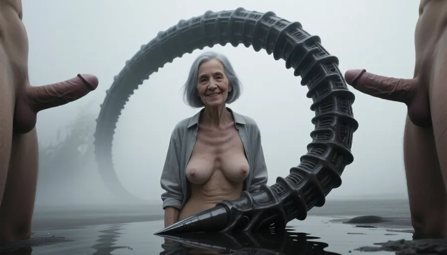 A full-body, head-to-toe. An elderly, innocent, topless, cheerful grandmother who's wearing a blouse, (an aged woman, 70 years old:1.8), . Her skin is that of a 70-year-old woman. The old lady has grey hair, (Small, long, and very saggy breasts:1.8), ((very detailed skin)), . Hair cut in a bob, surrounded by men's giant penises
A surreal, high-contrast digital art piece featuring a singular, organic, textured creature appendage or spine-like structure, reminiscent of H.R. Giger’s biomechanical aesthetic, arching downwards against a minimalist, misty background. The object is dark, gritty, and segmented, with a sharp, pointed tip extending towards the bottom center. The scene is bathed in a soft, ethereal, and hazy light, with a reflective, glossy surface at the base. The composition is stark and atmospheric, using a monochromatic color palette of grays, blacks, and soft whites, with deep shadows and subtle highlights that create a sense of mystery, isolation, and sci-fi horror. Cinematic lighting, smooth gradients, 8k resolution, mysterious atmosphere.