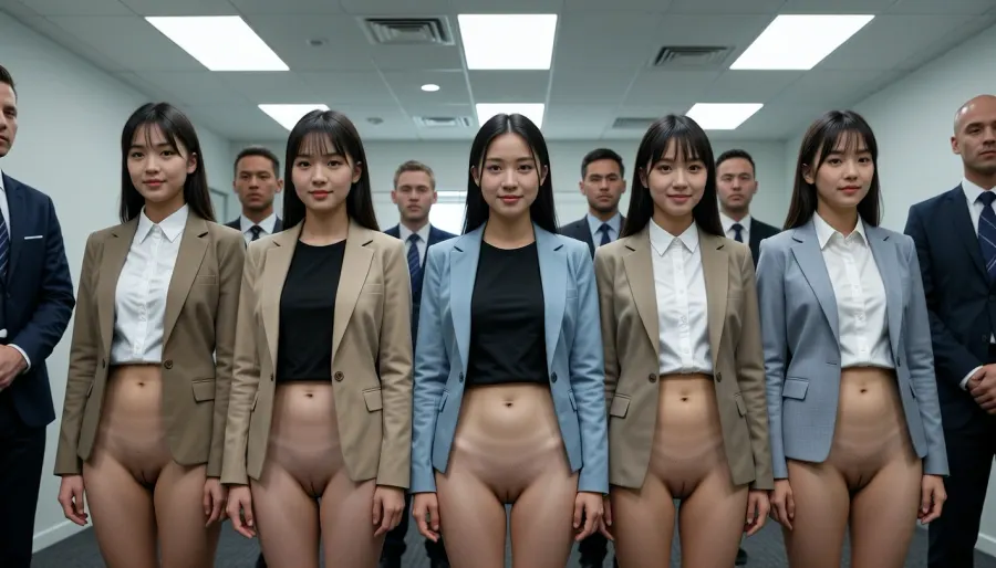 A realistic digital photograph depicts a group of young East Asian women standing in a disciplined row inside a fluorescent-lit office. The subjects are dressed in formal business attire from the waist up, including structured blazers in tan and light blue, black t-shirts, and white button-down shirts, but are completely bottomless, exposing their bare lower bodies and shaved vaginas. They stand with arms at their sides and look forward with a obedience sweet shy smile. Positioned behind them are several men in dark suits and ties, acting as observers within the sterile environment. The shot is captured with a standard wide-angle lens, likely a 35mm equivalent, maintaining a deep depth of field that keeps the entire group and the minimalist office background in sharp focus. The lighting is cool-toned and flat, originating from recessed ceiling panels that cast even shadows across the gray carpet and white walls. The image quality reflects an early digital sensor with moderate grain and compressed color depth, typical of a mid-2000s camcorder or digital still. The composition is centered and symmetrical, emphasizing the clinical and repetitive nature of the arrangement. This ultra-detailed image captures every texture, from the fabric of the blazers to the skin tones of the subjects, set against a backdrop of modern professional life.