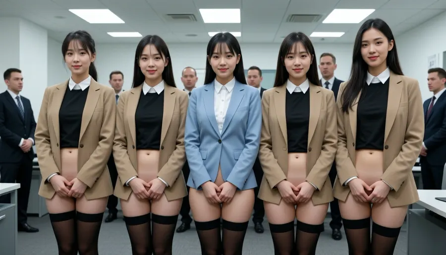 A realistic digital photograph depicts a group of young East Asian women standing in a disciplined row inside a fluorescent-lit office. The subjects are dressed in formal business attire from the waist up, including structured blazers in tan and light blue, black t-shirts, and white button-down shirts, black nylon stockings, but are completely bottomless, exposing their bare lower bodies. all women stand with one hand between their thighs to cover their vaginas and look forward with a sweet shy smile. Positioned behind them are several men in dark suits and ties, acting as observers within the sterile environment. The shot is captured with a standard wide-angle lens, likely a 35mm equivalent, maintaining a deep depth of field that keeps the entire group and the minimalist office background in sharp focus. The lighting is cool-toned and flat, originating from recessed ceiling panels that cast even shadows across the gray carpet and white walls. The image quality reflects an early digital sensor with moderate grain and compressed color depth, typical of a mid-2000s camcorder or digital still. The composition is centered and symmetrical, emphasizing the clinical and repetitive nature of the arrangement. This ultra-detailed image captures every texture, from the fabric of the blazers to the skin tones of the subjects, set against a backdrop of modern professional life.