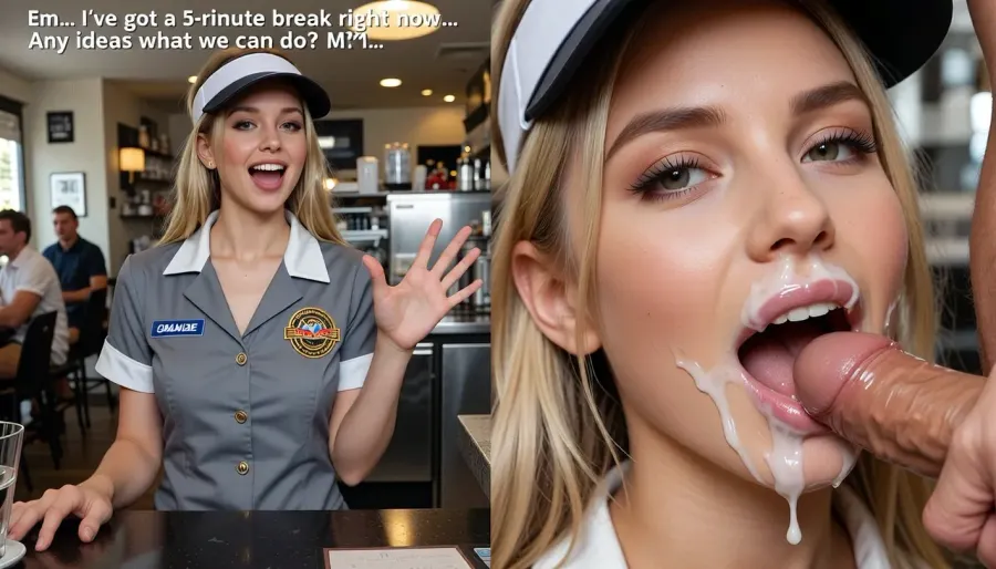 score_9, score_8_up, score_7_up, absurd_res, hi_res, Photorealistic vertical split-screen, left half and right half completely independent.

LEFT HALF, Young blonde woman with visor and grey uniform standing behind a counter, exact same framing as the top reference. She is alone. She behaves actively and energetically, smiles flirty, gestures with her hands, shifts her weight, leans closer to the camera while speaking, and makes lively natural head and shoulder movements. She looks at the camera and speaks energetically with playful pauses in a teasing voice, “Em… I’ve got a 5-minute break right now… Any ideas what we can do? M?…” Only her voice is heard. Soft natural breathing. Moderately busy cafe background sounds with distant voices. No oral actions, no cock, no cum on the top half.

RIGHT HALF, Close-up of the same young blonde woman. Her face, lips and chin are covered with thick white cum from the first frame and the cum stays on her face the entire time. A man’s hand rhythmically strokes a thick hard cock. She greedily sucks the cock, looking at the camera with a happy pleasure expression, moving her mouth on the cock and smearing the cum. No speaking, no dialogue, only soft wet sucking sounds and her quiet pleasure breathing. No counter, no uniform visor actions.

LEFT half = active flirty gesturing, leaning closer, energetic monologue. RIGHT half = only continuous blowjob with permanent cum and pleasure. The two halves never exchange actions, faces, or sound. Strict real-time normal speed.

Pure visual video, absolutely no subtitles, no text, no captions.