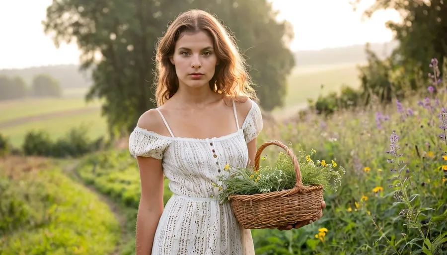 Beautiful young Slavic peasant woman in her early 20s walking toward the viewer along a narrow dirt path, medium full shot, sharp focus on her face and upper body, simple elegant cream linen dress with modest square neckline slightly damp from morning dew, long wavy chestnut hair with wildflowers and herbs woven in, warm golden sunlight illuminating her face, peaceful serene expression, calm harmonious eyes looking softly at the viewer, dewdrops on her skin eyelashes and collarbone, carrying a small wicker basket with freshly gathered herbs close to her hip, misty hay fields and trees in soft bokeh background, golden hour dawn, volumetric god rays through leaves, light fog, idyllic pastoral atmosphere, cinematic lighting, painterly photorealistic, ultra detailed face skin texture and linen fabric, masterpiece, best quality, 8k, intricate details, shallow depth of field