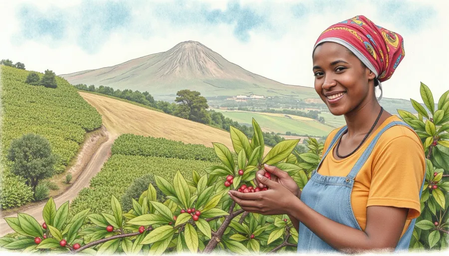 ((Colored pencils sketch on paper:2)), view from afar on smiling Kenyan woman with traditional headscarf, (kitenge), carefully selecting coffee cherries. She is in a lush green coffee plantation on a hillside, Mount Kenya in the hazy background. Warm morning light, soft shadows. Style, loose, artistic sketch with visible pencil lines and gentle color washes..