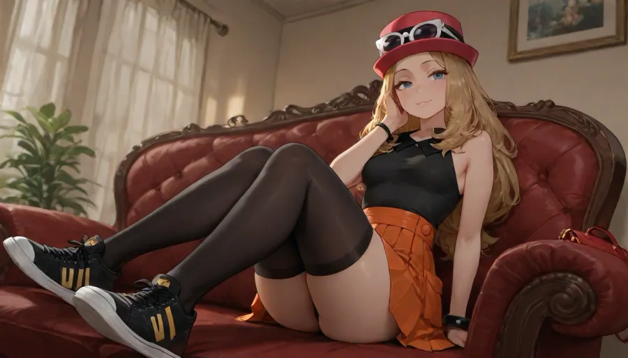 18 year old girl, serena from pokemon, small breasts, a-cup breast, petite body, A young, slender Caucasian female with long, wavy blonde hair and blue eyes. She is wearing a black short-sleeved top with a small black collar, a pleated orange skirt with two pockets, and black thigh-high stockings. On her feet, she has black sneakers with pink accents. Her accessories include a red hat with white-rimmed sunglasses, a black bracelet on her right wrist, and a large red handbag over her left shoulder. She has a happy and inviting expression, background bedroom.
