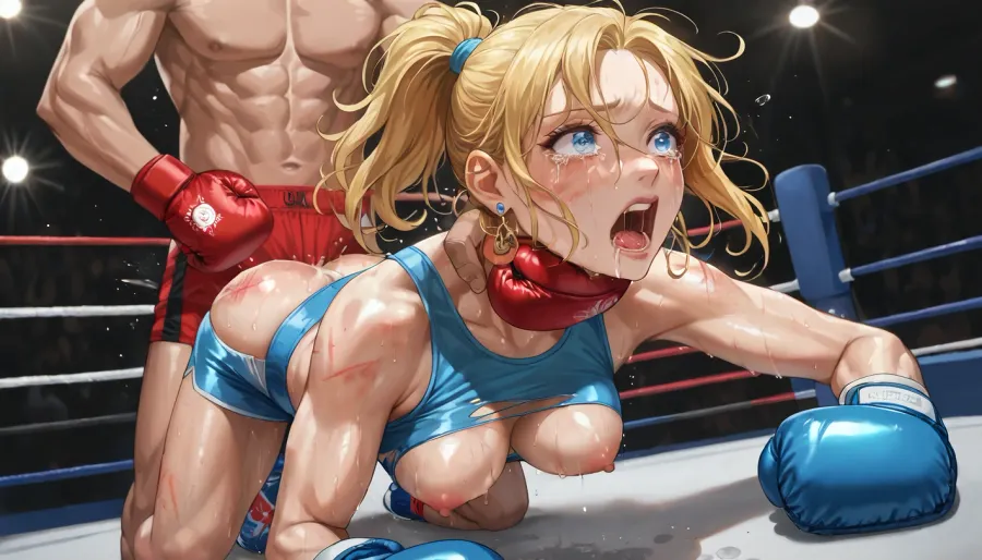 best quality, boxing girl with long blonde hair in a ponytail, athletic build, medium breasts, ripped blue sports bra and blue boxing trunks, (marks on body, marks on tits), (fucked from behind), choking, boxing ring, humiliated, tears