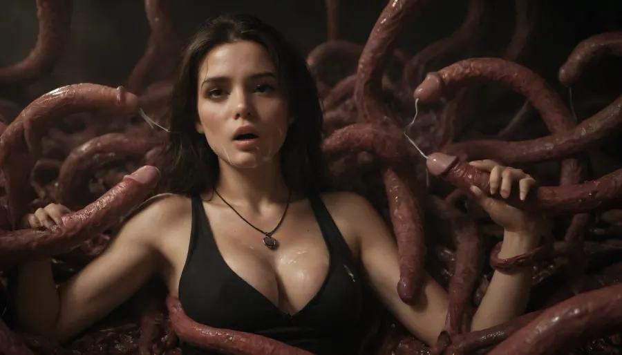 masterpiece, high definition, 4k, long_hair, hot, sweaty, beautiful_face, deep cleavage, necklace, clothed, supermodel, lips, tentacles, she is looking at a tentacle, bukkake, ejaculation, cum shot, cum on face, facial cum, cum in hair, cum in cleavage, cum everywhere, cum on clothes, laying on her back, laying down, cum strings, jerking off, sucking a tentacle, giving tentacle a blowjob, tentacle cumming in her mouth, 4ng3l, face, terrified, eyes wide with terror, chiaroscuro, style, dim, light, <lora:Beautify-Supermodel-SDXL:.8>, <lora:dark:.2>, <lora:SDXL_BetterFaces-LoRA_v1:.8>, <lora:polyhedron_chiaroscuro-000005:.8>, look, at, my, prompts, <lora:SDXL_Sevenof9_7th_NSFW:.8>