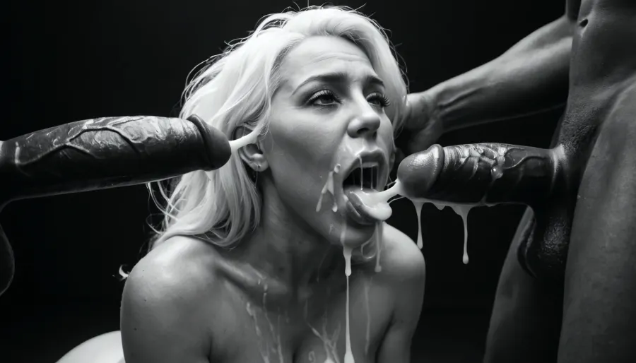 (milf:1.2), (black&white:1.9), black background, black room, close-up of a black african man's 18 inch penis, hard-on, big testicles, the white man is sitting with his back to the wall, masturbating, he is shooting a cumshot on the face of a naked busty black african woman, topless, gorgeous, (milf:1.1), (extremely long smooth white hair:1.5), (wide_hips:1.5), (Massive ass:1.1), (massive breasts:1), thin waist, the black african woman is wearing shimmering shiny glossy white pantyhose with open crotch, The black african woman is laying on her back, (gaping mouth:1.2), (realistic excessive thick runny cum all over her face and body), licking the dickhead of the black african man's penis, mouthfull of cum, excessive cum dripping out of her open mouth, nose full of cum, mouth full of cum, lots of very thick cum, loads of cum, woman, on, face, excessive bukkake, cum, facialized, superfacialized, surrounded by dicksa masturbating, 2+ men.