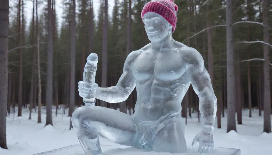 Ice sculpture of a naked man. Iceman. Man made of ice, Transparent body Wearing colorful winter scarf, PEIceSculpture, sculpture, Penis. Dick. Winter hat. Winter accessories. Has a cock between his legs, solo male, stroking his dick, outdoors, ais-icebaby, made, of, cock and balls, dick, testicles, masturbation, ice, penis, <lora:PE_IceSculpture:2>, <lora:Ice_Style_SDXL:2>, <lora:Ice:2>, <lora:xpenis-1.5e:.1>, transparent skin, made entirely of ice