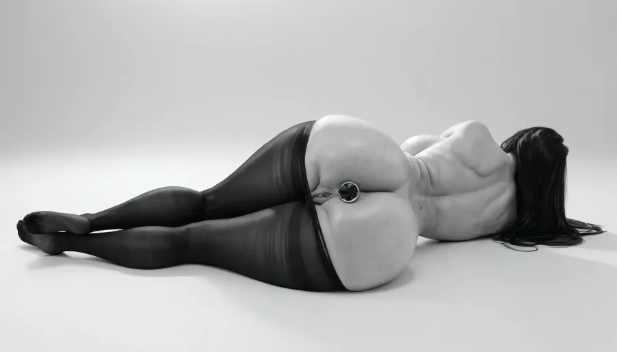 (milf:1.15), (black&white:1.9), white background, white room, naked busty white woman, topless, gorgeous, (extremely long smooth black hair:1.5), (wide_hips:1.5), (Massive ass:1.1), (massive breasts:1), thin waist, wearing shimmering black pantyhose with torn open crotch, lying on the floor, rubbing her clitoris, masturbating, huge butt plug in her ass, black buttplug, round buttplug