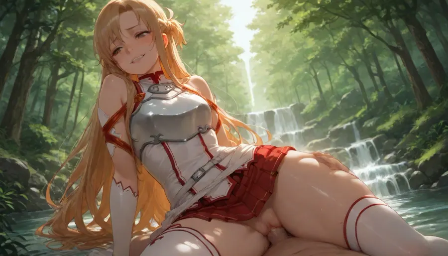 (Asuna Yuuki from Sword Art Online), 35 year old girl, realistic face, smiling, red and white suit, (blonde hair), (slightly curly hair), long hair, light blue eyes, freckles on face, pretty face, very tanned skin, narrow hips, thin waist, side view, vagina visible from under skirt, front view, full-length view, flat chest, areolas, swollen, puffy, very cold nipples, (focus and realistic face:1.2), sex, Asuna, (SAO), forest edge, waterfall, river, forest, floating castle in background, skirt, red skirt, removable gloves, white thigh-high stockings, brown hair, brown eyes, breastplate, solo, pleated skirt, miniskirt, white belt, blonde, hair, brown, eyes, long, <lora:asuna:2>, <lora:SDXL_Asuna:2>